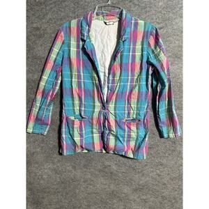 80s Pastel Plaid Blazer Womens Small Preppy Academia Pockets Coastal Grandmother